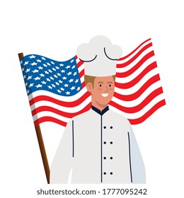 chef hombre con diseño de la bandera de los estados unidos, fiesta del Día del Trabajo y tema patriótico Ilustración vectorial