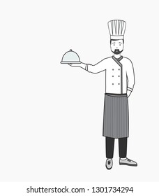 Chef man vector illustration. Cute character wearing chef hat and holding a plate.