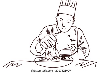 a chef man wearing a chef's hat and uniform is preparing food like desert or something, focus on the cooking.