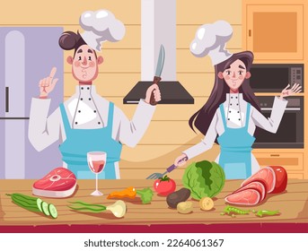 Chef man woman cook at kitchen restaurant gourmet food meal concept. Graphic design vector illustration