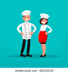 Chef man and woman cook. Vector illustration of a flat design