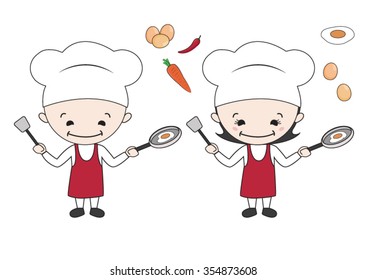 Chef man and woman frying egg