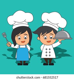 chef man and woman with the toque holding a dish ready to serve. cartoon character. vector illustration
