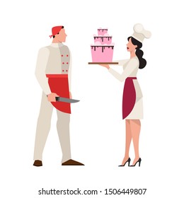 Chef man and woman in the white uniform standing. Couple cook on the kitchen. Lady holding a cake. Food service. Isolated vector illustration in flat style