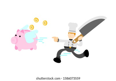 Chef man worker catch pig bank money economy cartoon doodle flat design style vector illustration
