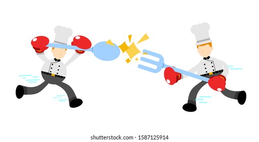 Chef man worker competition fight boxing with each other cartoon doodle flat design style vector illustration