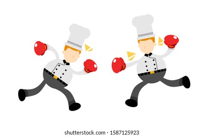 Chef man worker competition fight boxing with each other cartoon doodle flat design style vector illustration