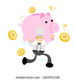 chef man worker pick pig bank money dollar economy cartoon doodle flat design style vector illustration