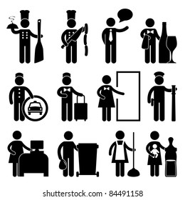 Chef Manager Waiter Butler Taxi Driver Bellman Receptionist Security Guard Cashier Cleaner Maid Babysitter Nanny Job Occupation Sign Pictogram Symbol Icon