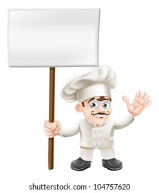 Chef mascot character waving and holding a sign cartoon