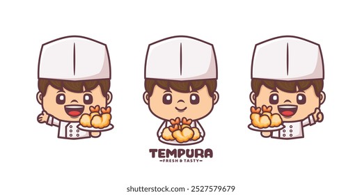 Chef mascot design with Japanese food tempura, vector illustration in outline style.