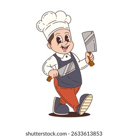 Chef mascot in dynamic running pose with a knife, wearing a white hat and apron. Colorful cartoon character suitable for culinary branding or advertising. Vector illustration