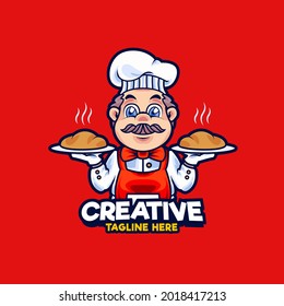 Chef mascot logo design illustration. Chef serve hot bread vector illustration