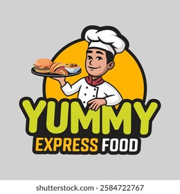 Chef mascot logo design for restaurant, cooking man Yummy express food illustration.