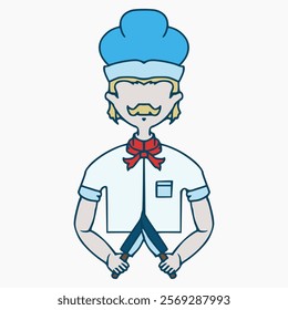 Chef mascot vector design holding 2 knives seen from the front on a white background