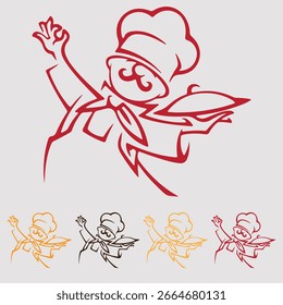 Chef Maskottchen Vektor Linie Art. Minimalistisches Restaurant Logo Umriss Skizze eines Kochs mit Serviertablett.