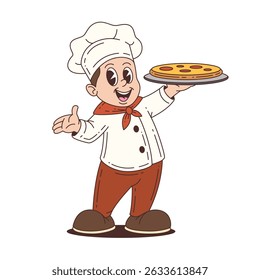 Chef mascot in white uniform with red scarf holding a pizza and smiling, perfect for food branding or restaurant identity. Vector illustration