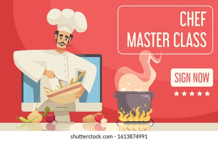 Chef master class poster with cooking workshop symbols flat vector illustration