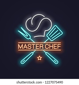 Chef Master Neon Logo With Chef Hat Neon Banner Background