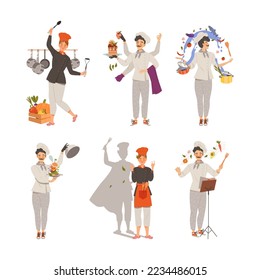 Chef masters set. Super chef cooking dishes of haute cuisine. Multitasking kitchen cook character in professional uniform cartoon vector illustration