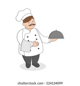 Chef with meal standing on white background. Restaurant worker.