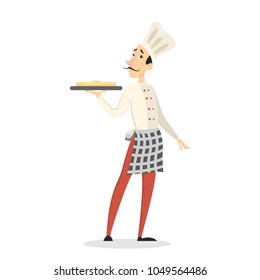 Chef con la comida en uniforme en blanco.