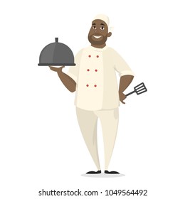 Chef with meal standing in uniform on white.