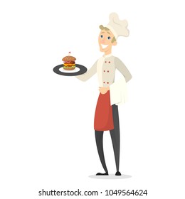 Chef with meal standing in uniform on white.