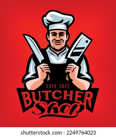 Chef with meat knives in hands. Butcher shop logo emblem for design. Farm food badge. Vector illustration