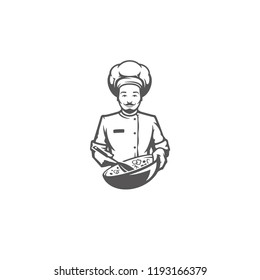 Chef men holding dish salad silhouette isolated on white background vector illustration. Vector restaurant graphics illustration.