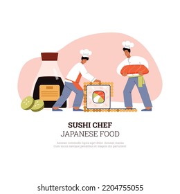 Chef men and making huge sushi flat style, vector illustration isolated on white background. Banner about Japanese food, giant soy sauce bottle, place for text