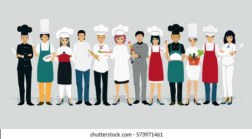 Chef men and women in uniform with gray background.