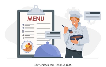 Chef with menu concept. Man in chefs hat with frying pan. Cooking and food preparation process. Catering service occupation. Cafe or restaurant worker. Flat vector illustration