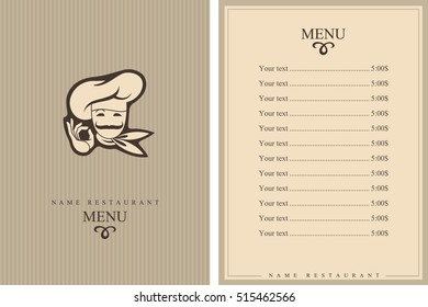 Chef menu design with whiskered cook. Brochure template for restaurant. Vector illustration
