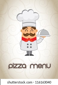 chef with menu in hand pizza menu vector illustration
