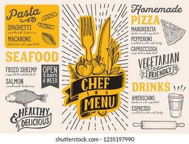 Chef menu template for restaurant vector illustration brochure for food and drink cafe. Design layout with vintage lettering and doodle hand-drawn graphic icons.