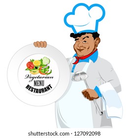 Chef with menu for vegetarian. Menu cafe