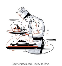 Ein Chefkoch, der eine Feinschmeckerspeise sorgfältig in einem hochwertigen Restaurant platziert, Vektorgrafik
