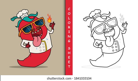 Chef Mexican chili pepper showing ok sign. Coloring sheet.
