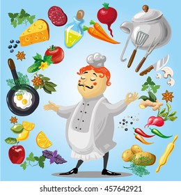 Chef in the middle of food inventing a new dish. Vector stock art.