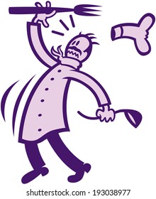 Chef in minimalist style while holding a fork and a spoon, bending his body backwards and reacting in a scared way when facing an awkward and unattended situation coming up