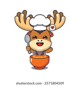 chef moose mascot cartoon character with soup.
chef animal cartoon vector illustration suitable for for poster, brochure, web, mascot, sticker, logo, icon, etc.