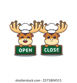 chef moose mascot cartoon character with open and close board.
chef animal cartoon vector illustration suitable for for poster, brochure, web, mascot, sticker, logo, icon, etc.