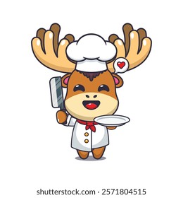 chef moose mascot cartoon character with knife and plate.
chef animal cartoon vector illustration suitable for for poster, brochure, web, mascot, sticker, logo, icon, etc.