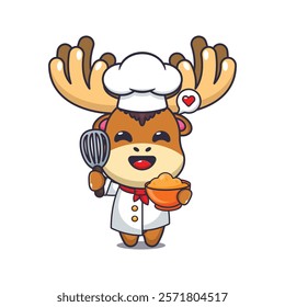 chef moose mascot cartoon character with cake dough.
chef animal cartoon vector illustration suitable for for poster, brochure, web, mascot, sticker, logo, icon, etc.