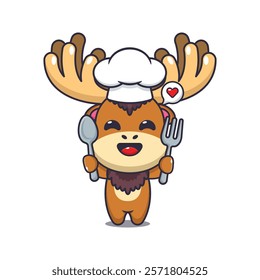 chef moose mascot cartoon character holding spoon and fork.
chef animal cartoon vector illustration suitable for for poster, brochure, web, mascot, sticker, logo, icon, etc.