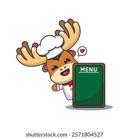 chef moose mascot cartoon character with menu board.
chef animal cartoon vector illustration suitable for for poster, brochure, web, mascot, sticker, logo, icon, etc.