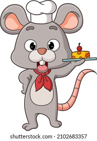 The chef mouse is serving a tasty cheese with cherry of illustration