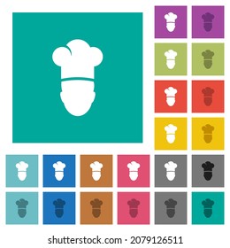 Chef multi colored flat icons on plain square backgrounds. Included white and darker icon variations for hover or active effects.