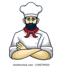 Chef with Mustache and Bread Cartoon Logo, Emblem, Badge, Patch Stock Vector Illustration